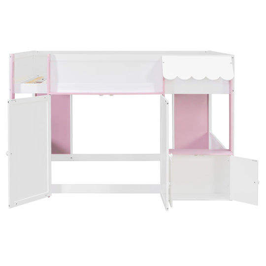 Full Loft House Bed with Playhouse Storage Modern Wood Cabin Bed for Kids