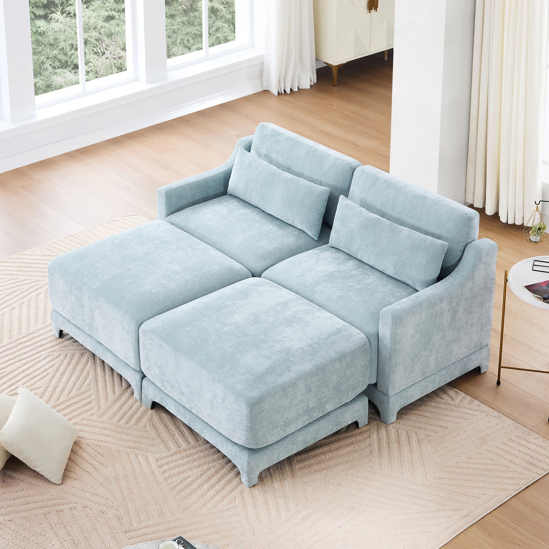 Modern Chenille 4-Seater Sofa with 2 Ottoman, Lumbar Cushions, Ergonomic Backrest, High-Resilience Spongeand Tufted Armrests
