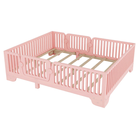 Full Size Montessori Floor Bed Frame with Safety Rails and Removable Door, Low Profile Kids Bed with Slatted Support