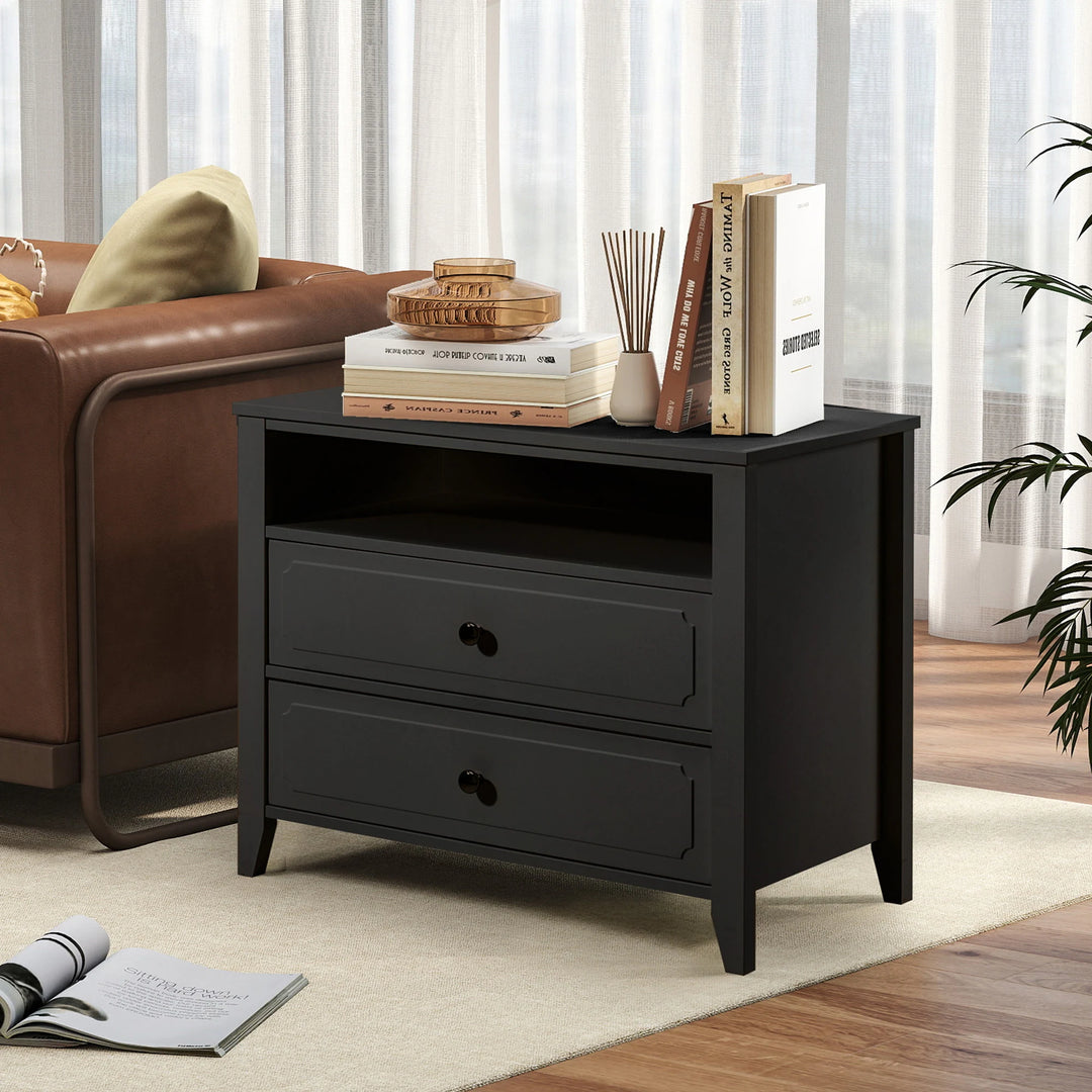 Wide Nightstand – 2‑Drawer Bedside Table with Open Shelf, MDF Wood End Table for Bedroom Living Room