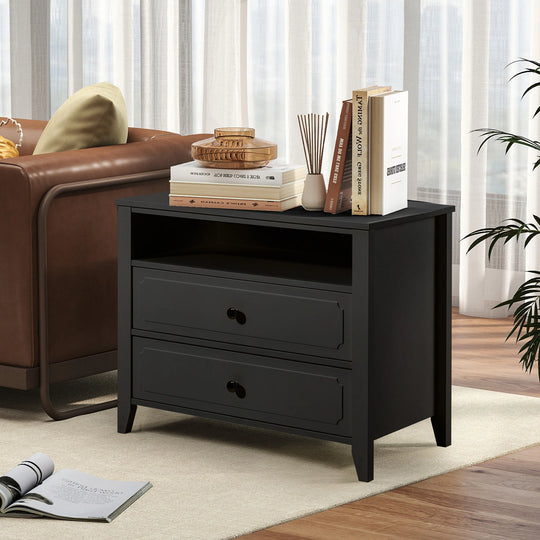 Wide Nightstand – 2‑Drawer Bedside Table with Open Shelf, MDF Wood End Table for Bedroom Living Room