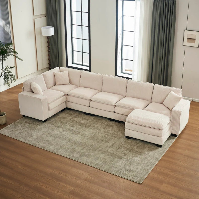 Modern U-Shaped 6-Seater Sectional Sofa with One Footstool