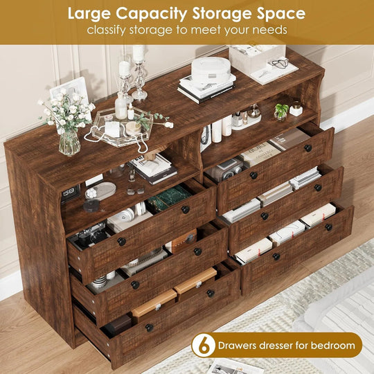 Modern 6 Drawer Dresser for Bedroom with Power Outlet and LED Light