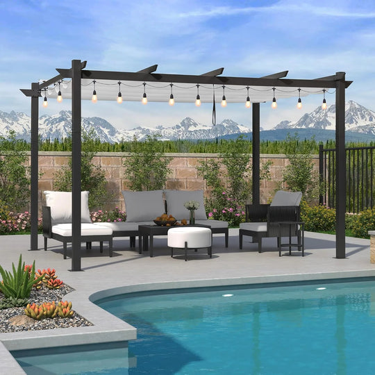 Gazebo Outdoor Retractable White Heavy-Duty Aluminum Pergola with Extra Top Roof