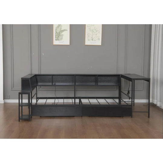 Corner Bed Frame Full Size with Bookcase Two Underbed Storage Drawers LED