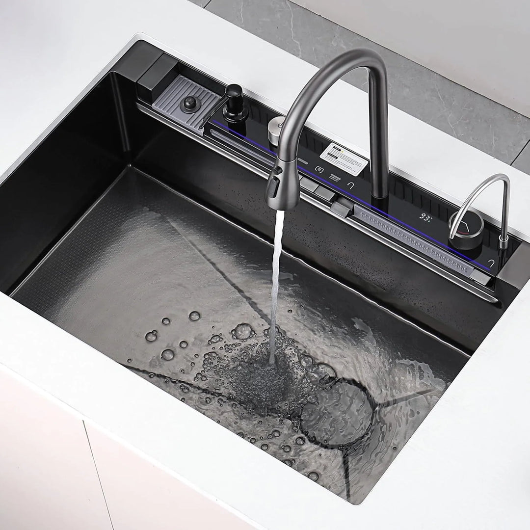 New 33"X22" Stainless Steel Waterfall Kitchen Sink with Temperature Display in Fahrenheit, Pull-Down, KS2206L-PRO