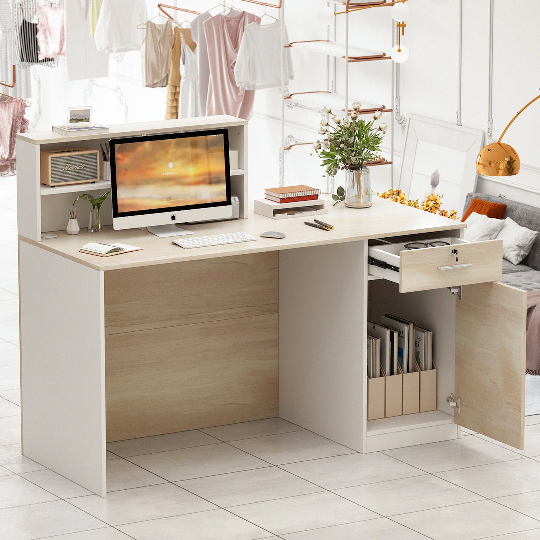 Reception Desk Wood Front Counter Table W/ Lockable Storage by
