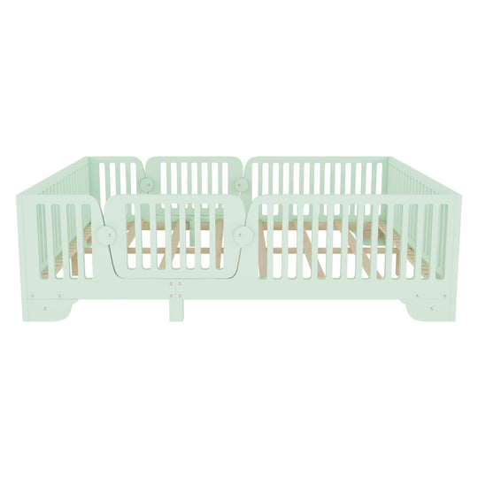 Full Size Montessori Floor Bed Frame with Safety Rails and Removable Door, Low Profile Kids Bed with Slatted Support