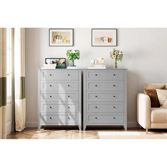 Modern Bedroom Nightstand with 5 Drawers & Metal Handles - Multifunctional Storage Cabinet,Easy Assembly for Living Room
