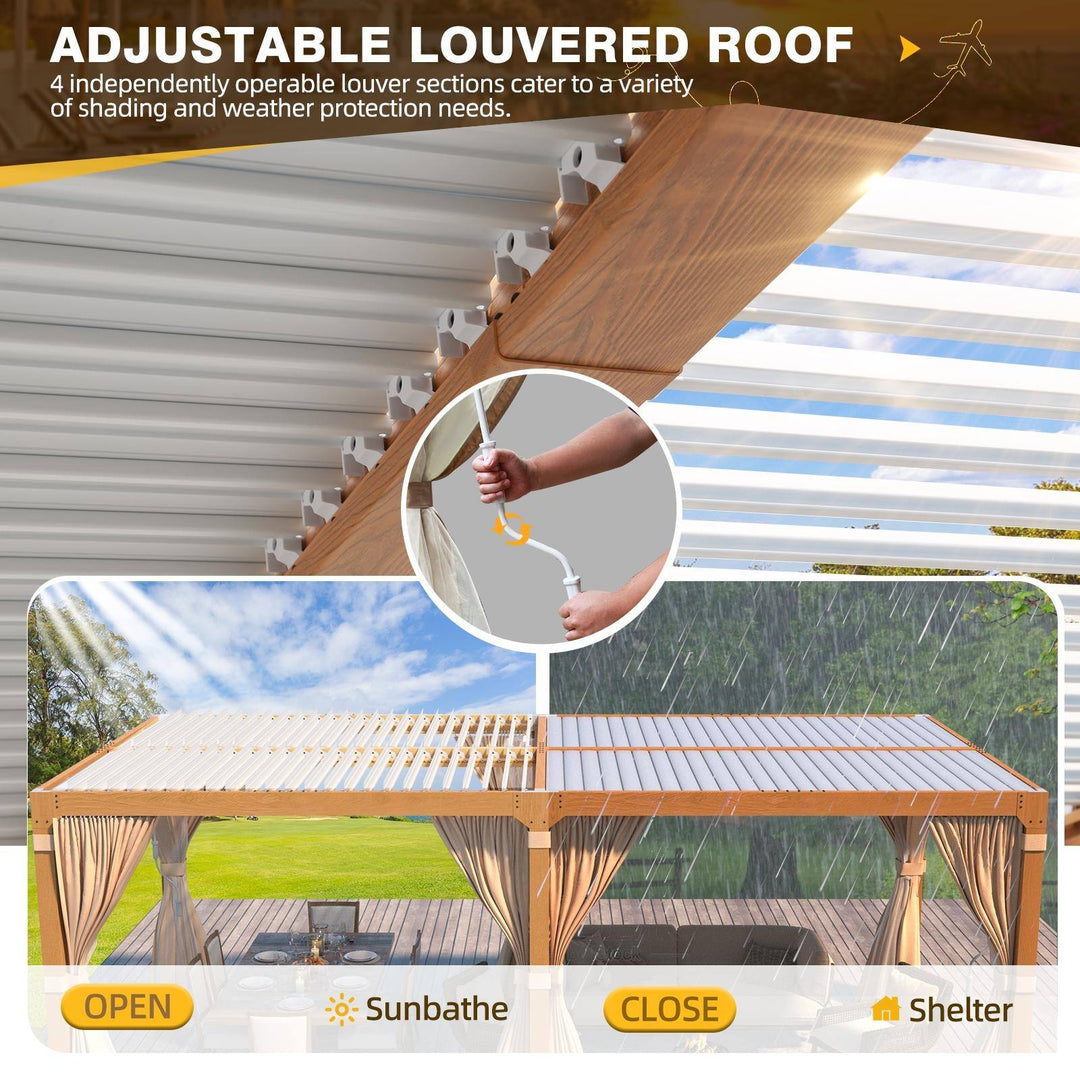 Outdoor Louvered Pergola Gazebo with Adjustable Aluminum Rainproof Roof and Pull-Down Screen