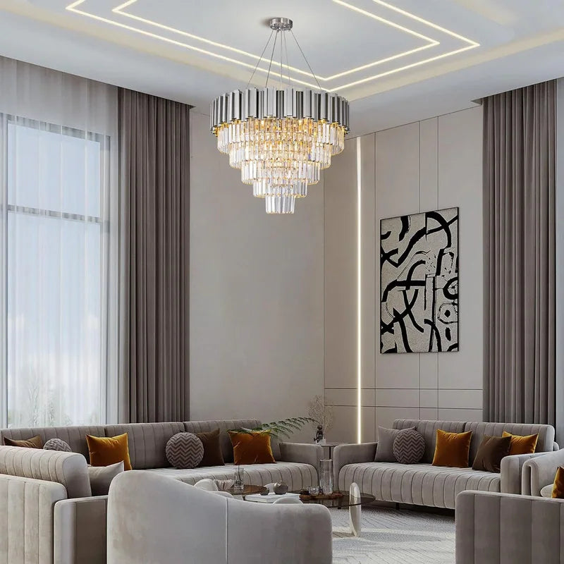 Large Crystal Chandelier - 35.4"Modern 6-Tier 17-Light Chrome Ceiling Light, Luxury K9 Crystal