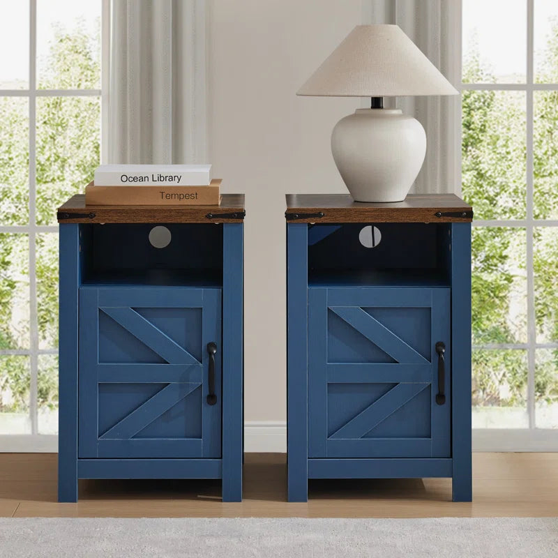 Farmhouse Night Stands with Charging Station, Set of 2, Bedside Table with Barn Door, End Table with Open Storage for Bedroom