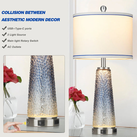 Set of 2 Blue Glass Table Lamps with 2-In-1 Nightlight, USB Ports, and Touch Control
