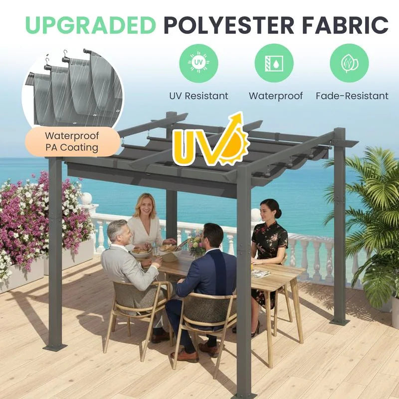 10' X 13' Outdoor Pergola with Retractable Canopy, Heavy-Duty Metal Frame and Adjustable Patio Shade Roof