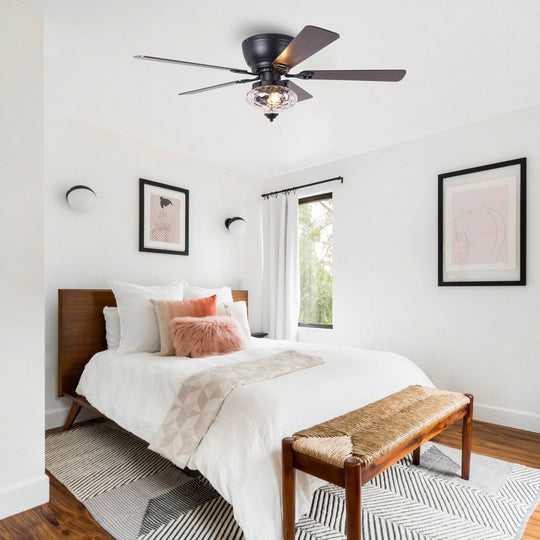 52" Modern Matte Black Reversible Flush Mount Ceiling Fan with Light and Remote - 52 In. D X 52 In. W X 14 In. H