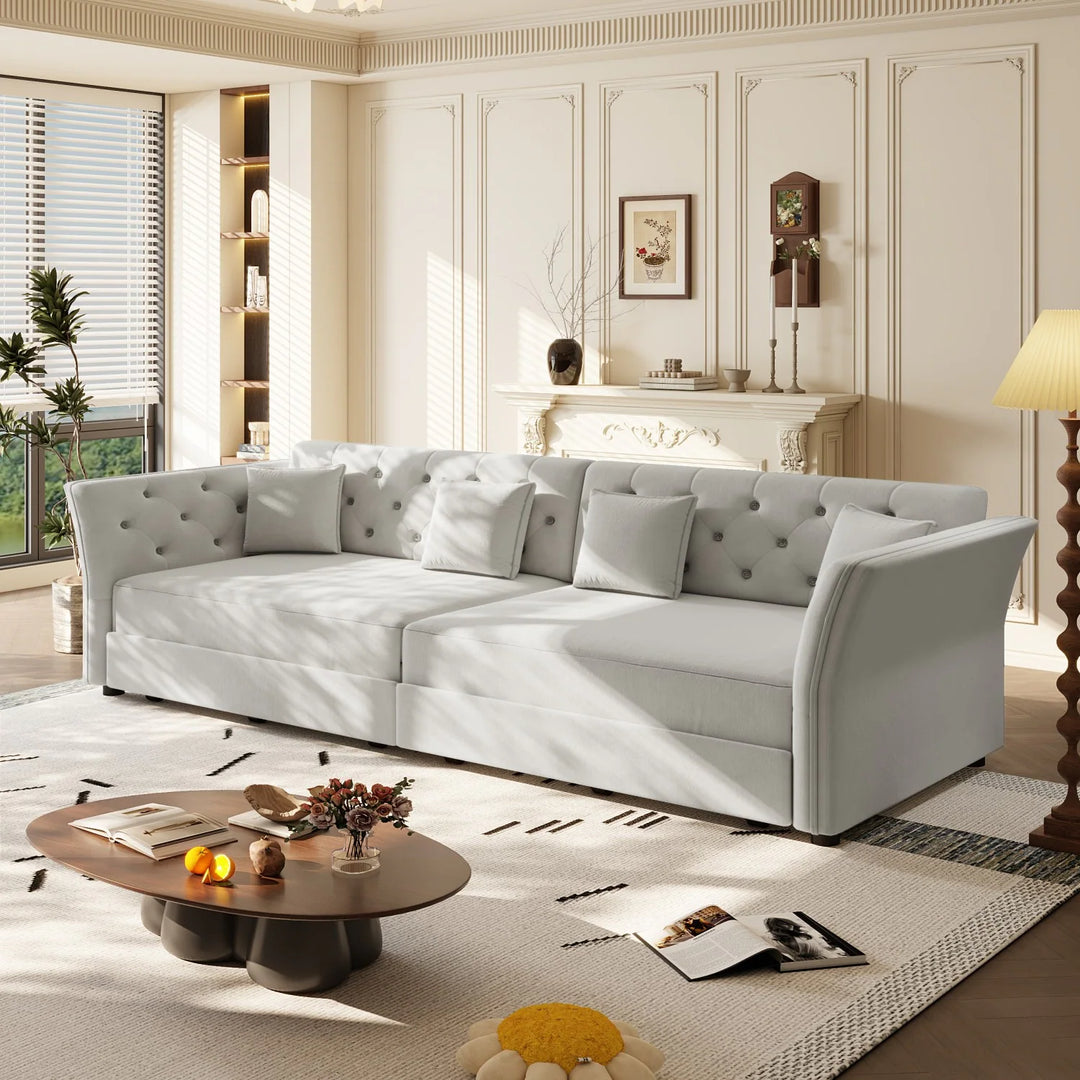 100" Velvet Convertible Sofa Bed with with Fabric Flower Tufted Design