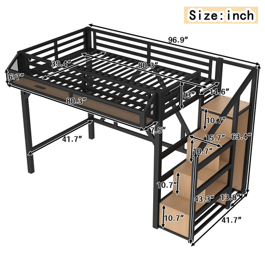 Metal Loft Bed with Storage Stairs, Built-In Wardrobe, Shelves, USB Ports, LED Lights & Noise-Reduced Frame