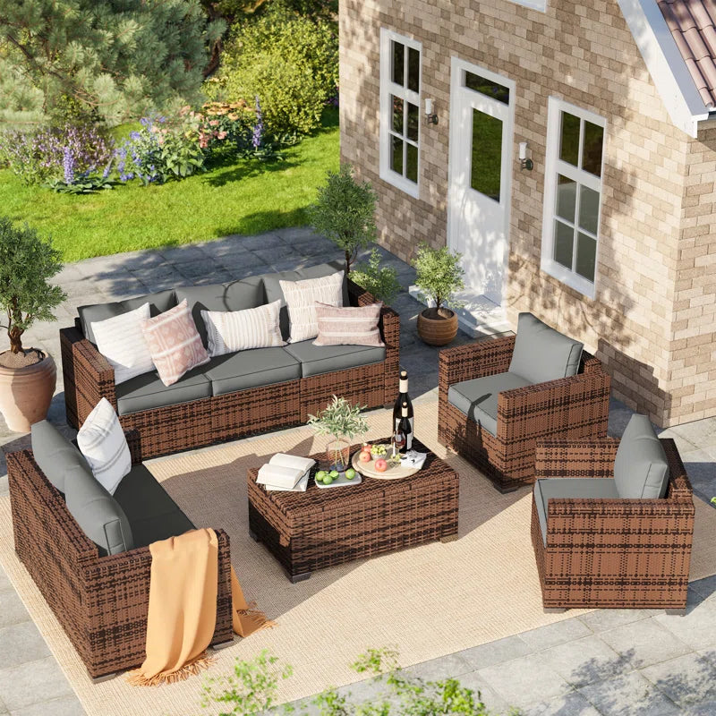 Azoriah 7 - Person Oversized Armrest Outdoor Sectional Furniture Rattan Sets W/Storage Table