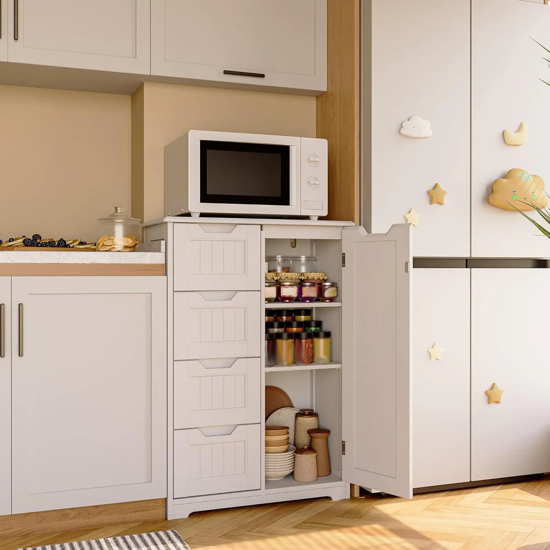 Bathroom Floor Storage Cabinet, Free-Standing Floor Storage Cabinet with 4 Draws and Adjustable Shelf