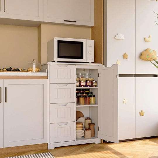Bathroom Floor Storage Cabinet, Free-Standing Floor Storage Cabinet with 4 Draws and Adjustable Shelf