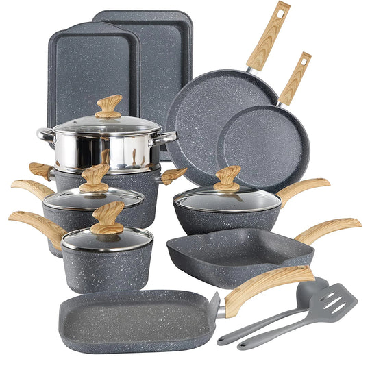 17-Piece Kitchen Granite Cookware Set, Non-Stick Cooking Pots and Pans Set