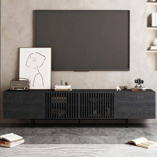 94.48 Inch Extra Long Black TV Stand with Slatted Doors, Modern Entertainment Center for Tvs up to 100 Inches,