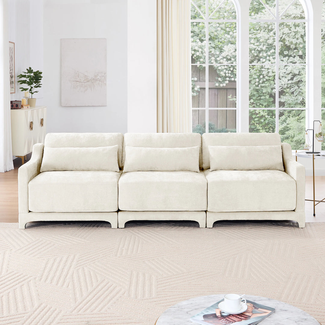 Modern Chenille 4-Seater Sofa with 2 Ottoman, Lumbar Cushions, Ergonomic Backrest, High-Resilience Spongeand Tufted Armrests