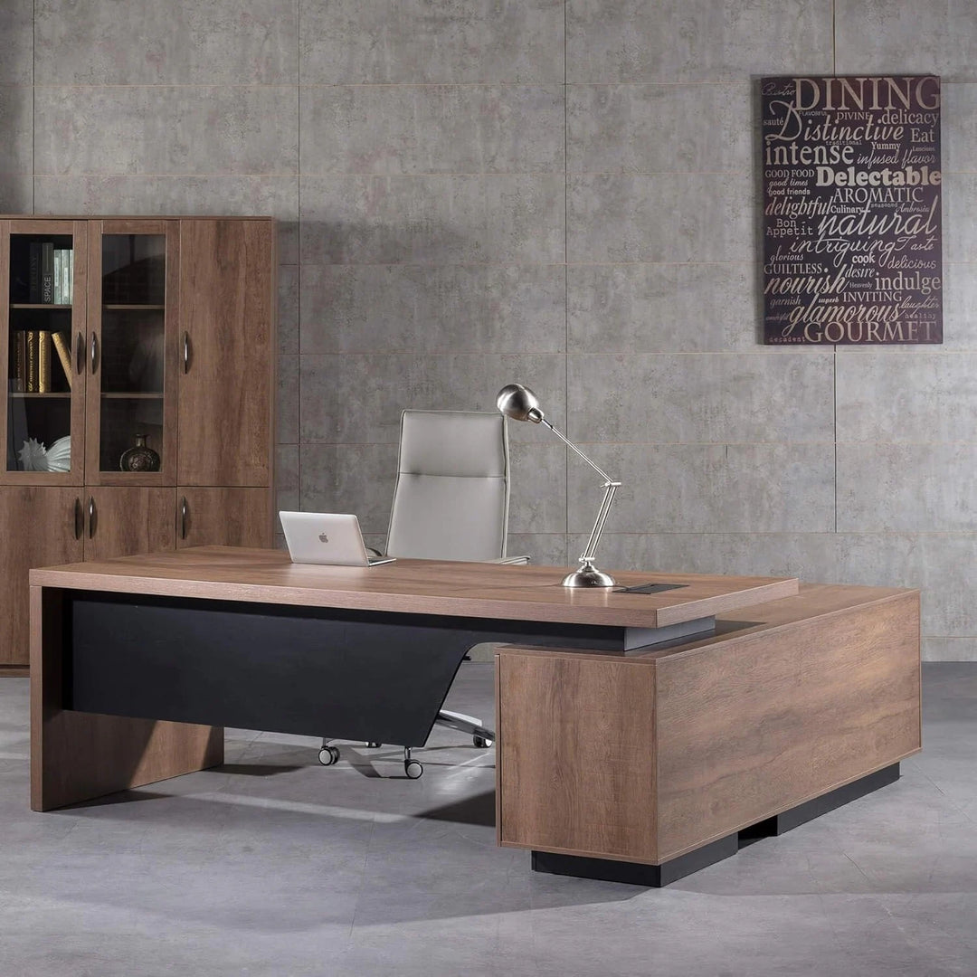 WESOME Retractable L-Shaped Executive Desk with Cable Management Drawers and Lateral File Cabinet