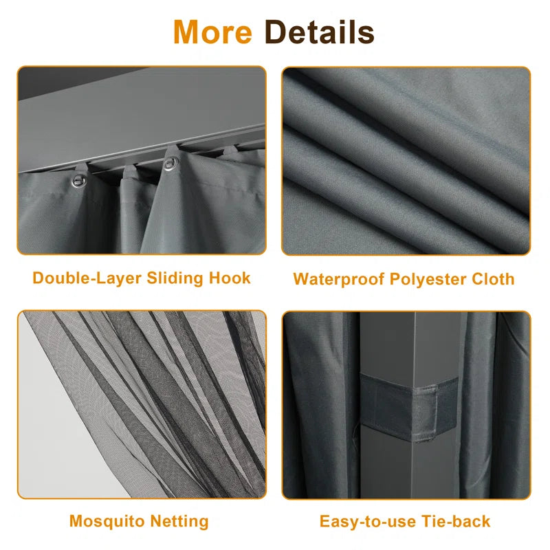 All Weather Pergola with Curtains & Netting, Dark Gray