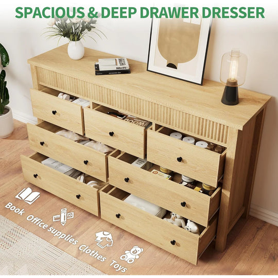 7 Drawer Dresser for Bedroom, 54 in Wide Modern Fluted Chest of Drawers, Wooden Storage & TV Stand, Natural Oak