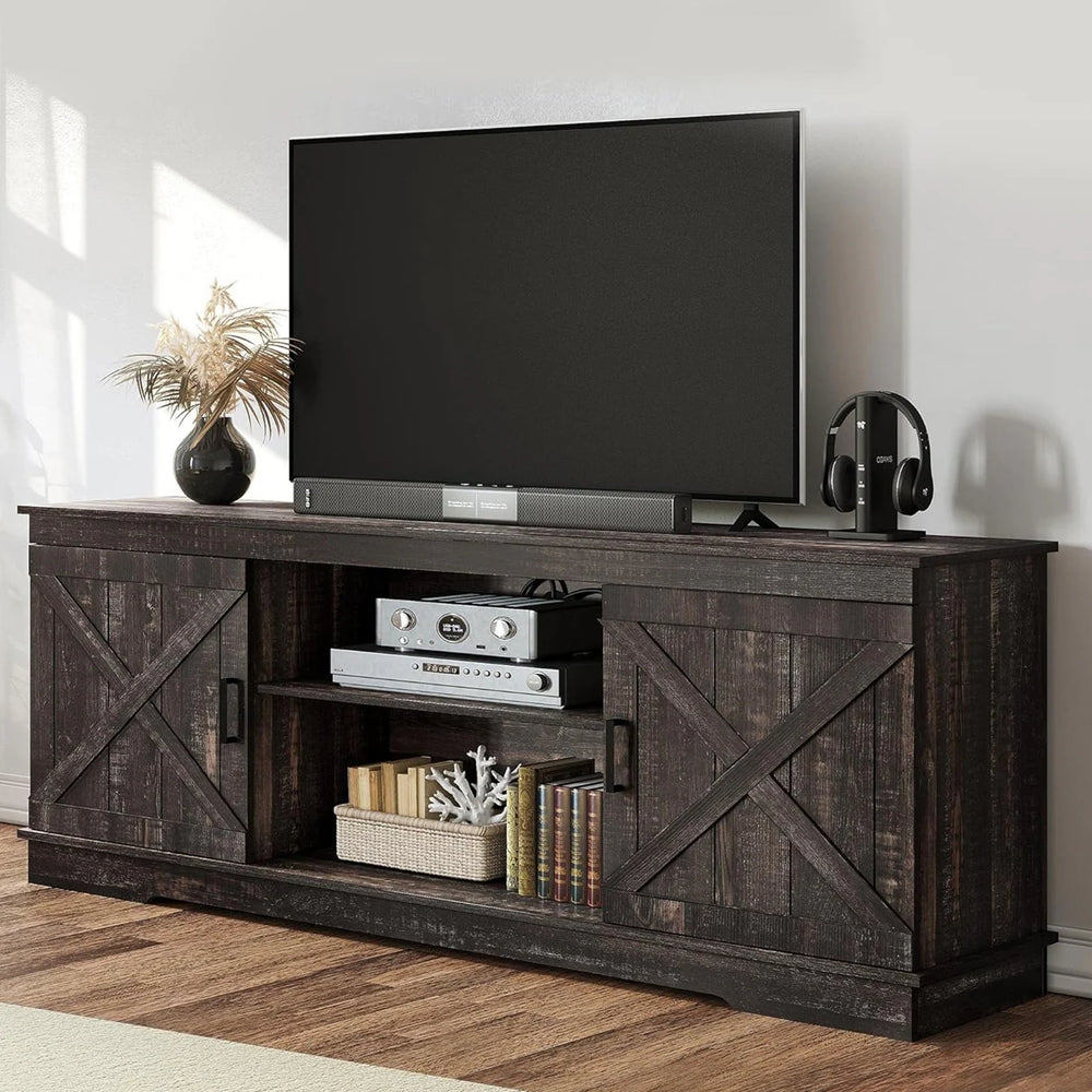 Farmhouse TV Stand with Barn Door Media Console Entertainment Center with Storage Cabinets