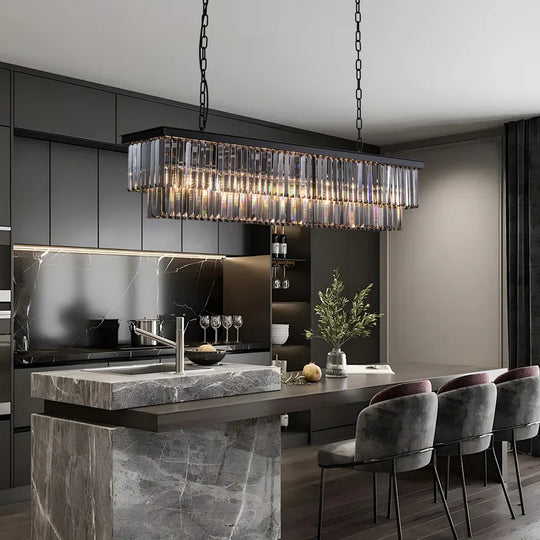 47 In. Smoked Gray and Black Modern Contemporary Crystal Chandelier 2-Tier Linear Kitchen Island Pendant Light for Dining Room