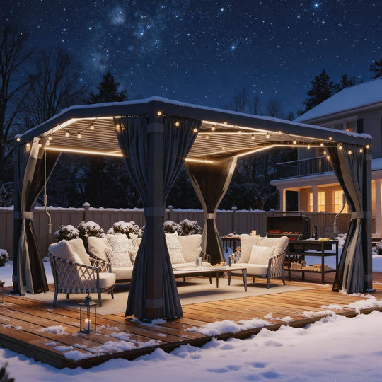 Outdoor Louvered Pergola Gazebo with Adjustable Aluminum Rainproof Roof and Pull-Down Screen
