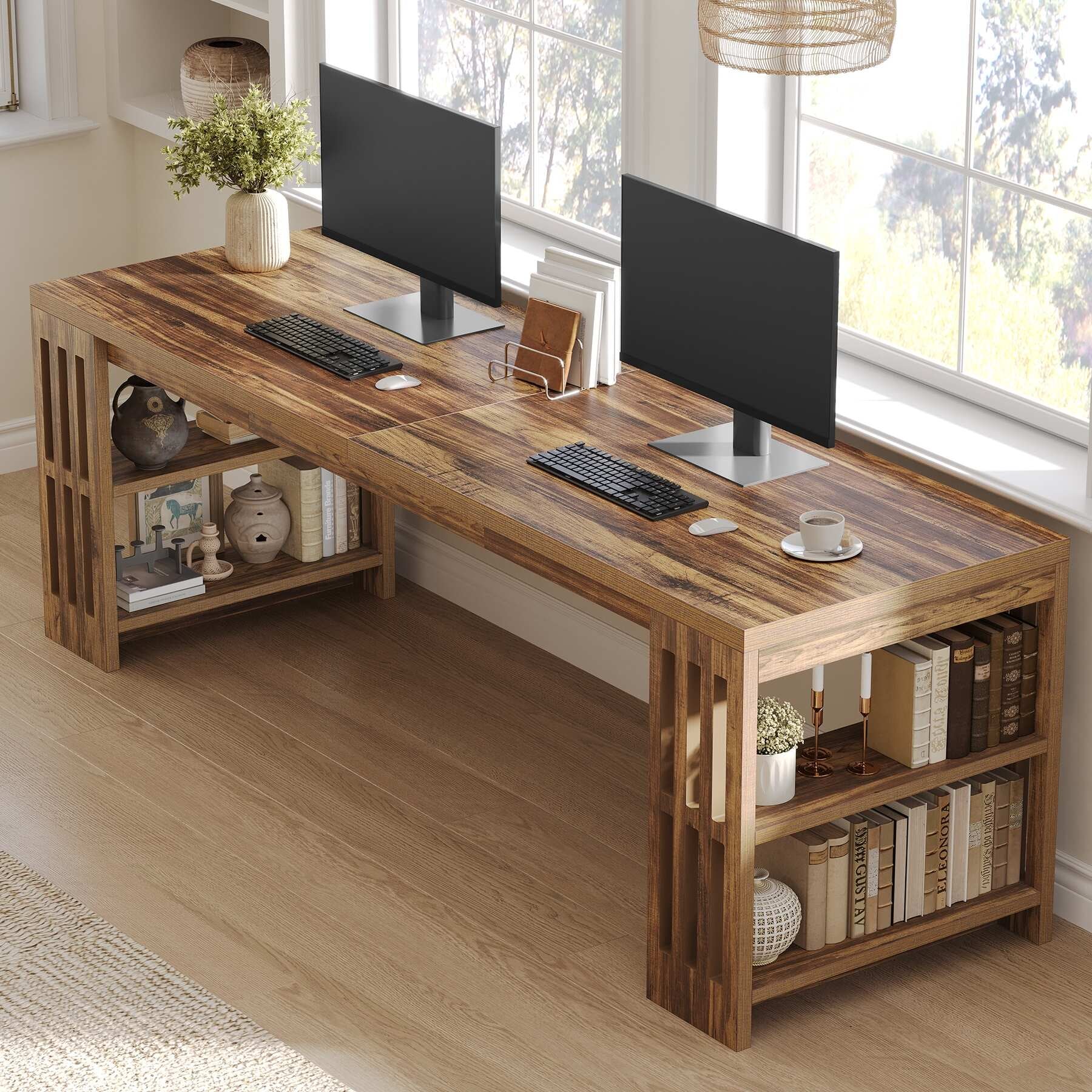 Two Person Desk with Bookshelf Computer Office Double Desk