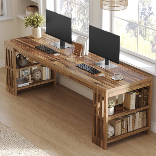 Two Person Desk with Bookshelf Computer Office Double Desk