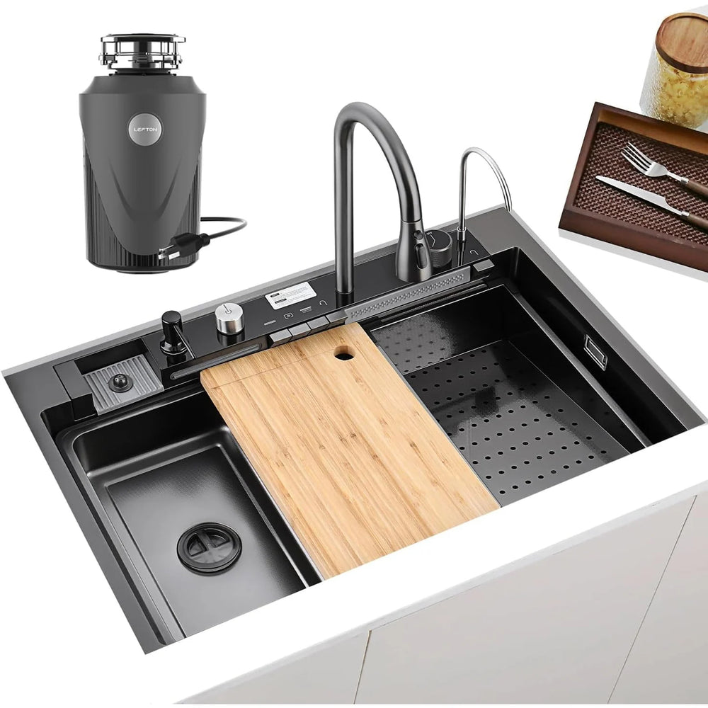 New 33"X22" Stainless Steel Waterfall Kitchen Sink with Temperature Display in Fahrenheit, Pull-Down, KS2206L-PRO