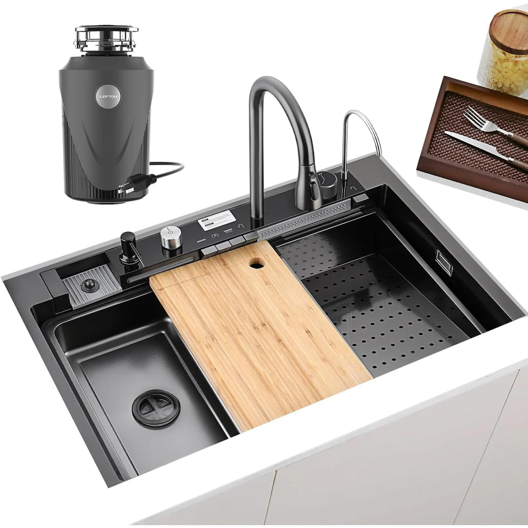 New 33"X22" Stainless Steel Waterfall Kitchen Sink with Temperature Display in Fahrenheit, Pull-Down, KS2206L-PRO