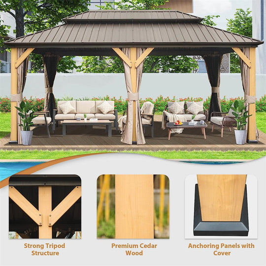 12X20 Ft Cedar Wood Gazebo Canopy with Roof, Curtains, and Netting