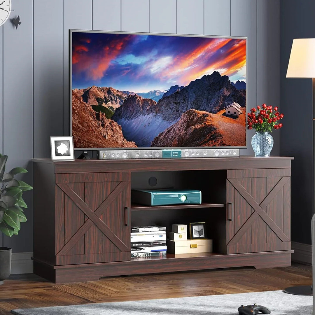 Farmhouse TV Stand with Barn Door Media Console Entertainment Center with Storage Cabinets