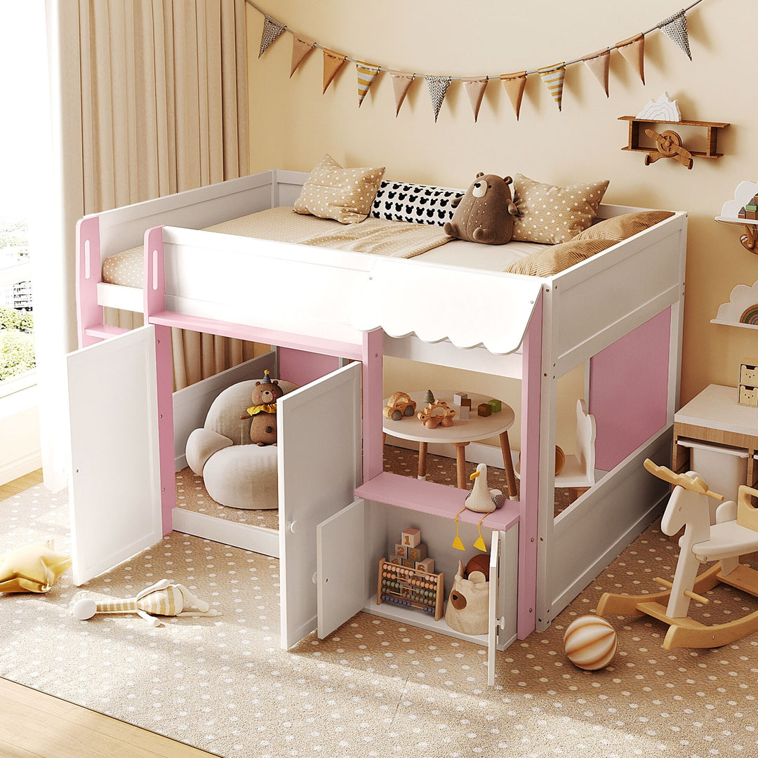 Full Loft House Bed with Playhouse Storage Modern Wood Cabin Bed for Kids
