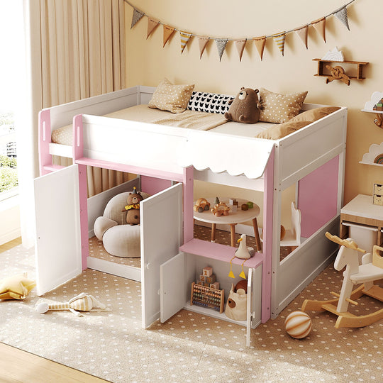 Full Loft House Bed with Playhouse Storage Modern Wood Cabin Bed for Kids