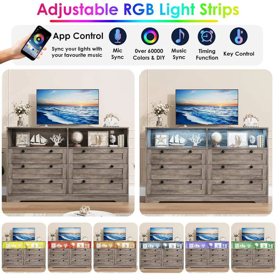 Modern 6 Drawer Dresser for Bedroom with Power Outlet and LED Light