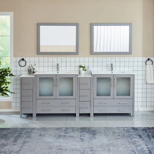96" Double Sink Bathroom Vanity Set 10 Dove-Tailed Drawers, 3 Cabinets, 2 Shelves Soft-Closing Doors with Free Mirror