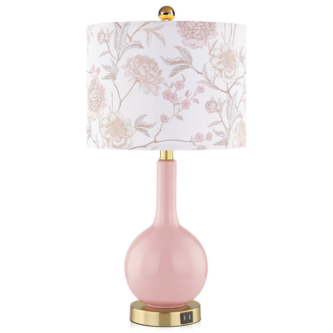 Pink Ceramic Table Lamp with Dimmable Touch Control and Dual USB Charging Ports