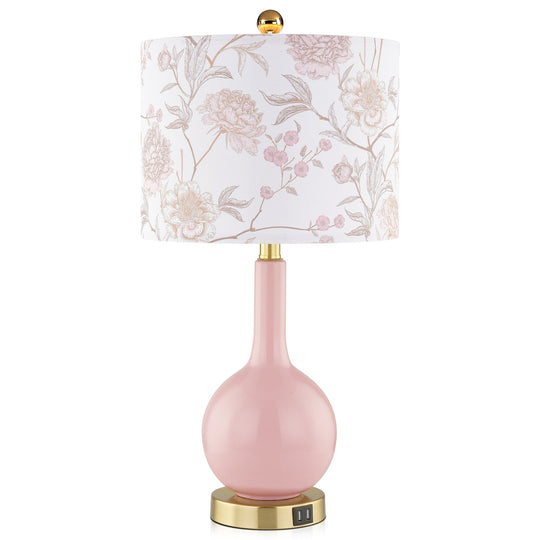 Pink Ceramic Table Lamp with Dimmable Touch Control and Dual USB Charging Ports
