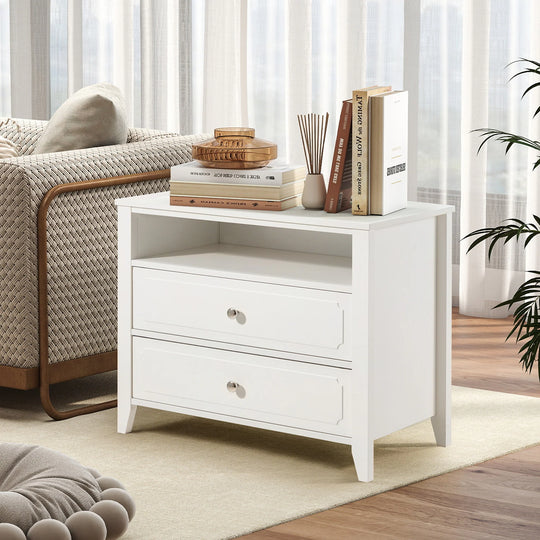 Wide Nightstand – 2‑Drawer Bedside Table with Open Shelf, MDF Wood End Table for Bedroom Living Room