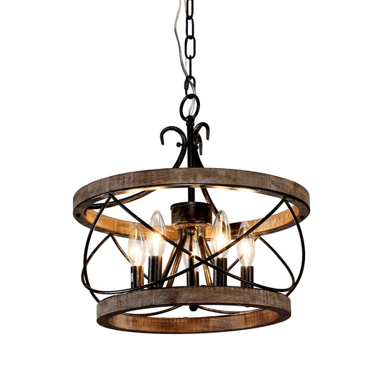5-Light Rustic Cage Wood Chandelier Dimmable Lighting, 15.7" Adjustable Farmhouse Pendant Light for Kitchen Island