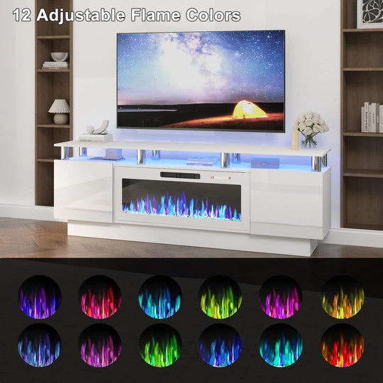 70" Modern Electric Fireplace TV Stand, with Electronic Flame and LED Lights, High Gloss Finish Entertainment Center