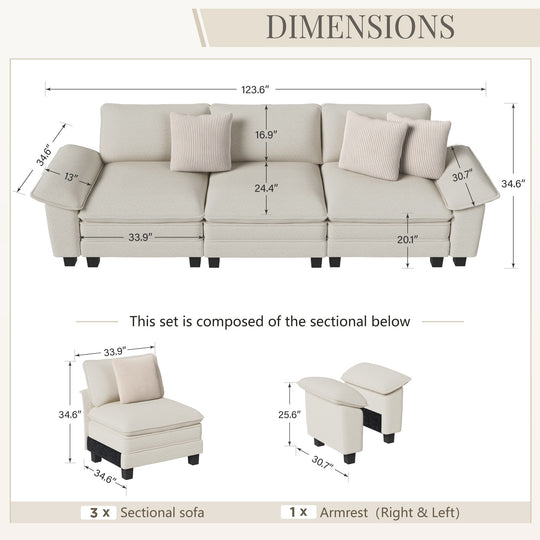 Cloud Modular Deep Seat Sofa, Chenille or Corduroy Sectional Couch with Removable Arms, 1–4 Seater