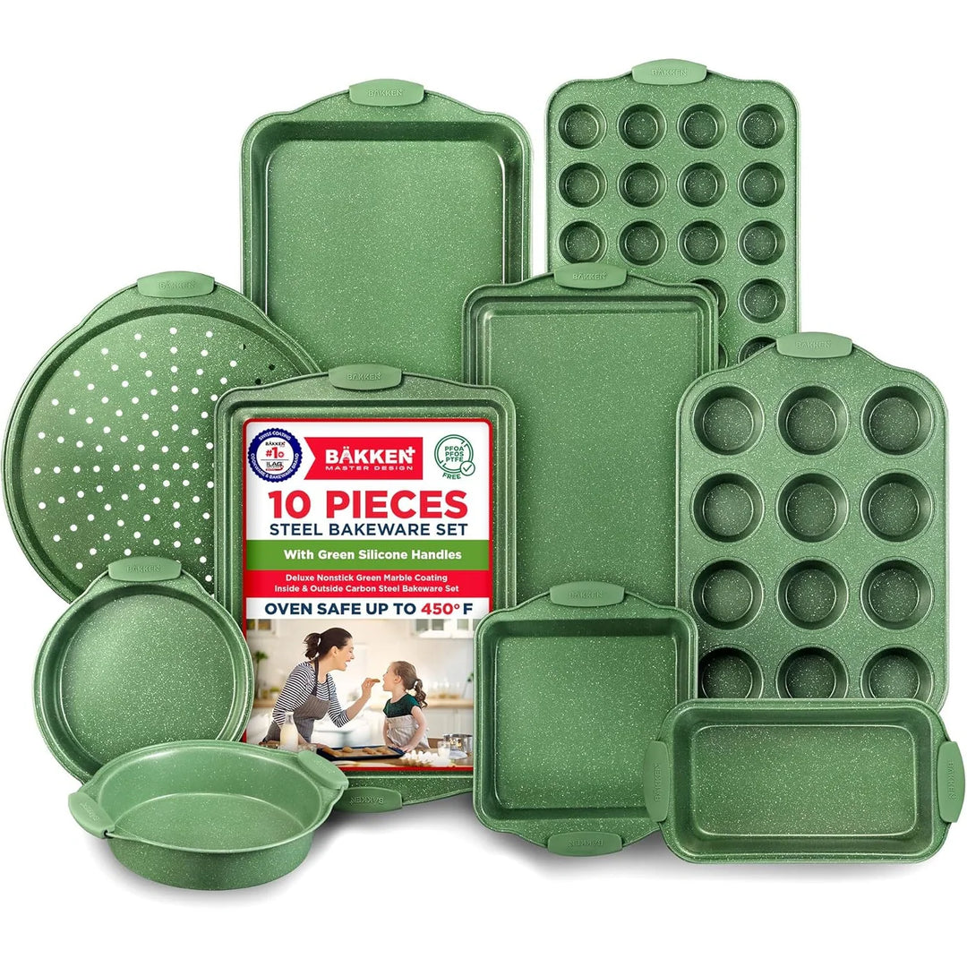 BAKKEN Kitchen Baking Pan Set - Nonstick Green Marble Coating, Carbon Steel Bakeware Sets with Green Silicone Handles,